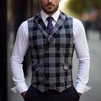 Men's Plaid Waistcoat V-Neck Double-Breasted Brown Navy – Office, Wedding