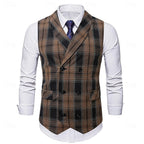 Men's Plaid Waistcoat V-Neck Double-Breasted Brown Navy – Office, Wedding