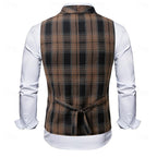 Men's Plaid Waistcoat V-Neck Double-Breasted Brown Navy – Office, Wedding