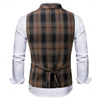 Men's Plaid Waistcoat V-Neck Double-Breasted Brown Navy – Office, Wedding