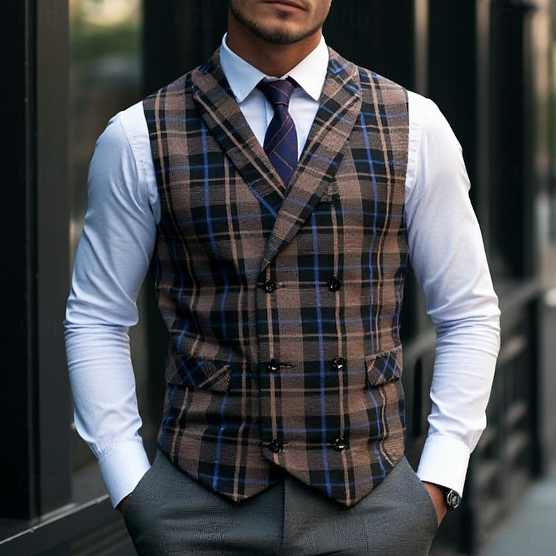 Men's Plaid Waistcoat V-Neck Double-Breasted Brown Navy – Office, Wedding