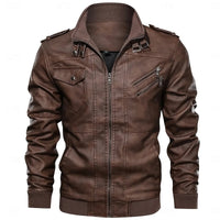 Men's Biker Jacket PU Leather Brown – Casual, Motorcycle