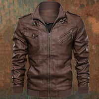 Men's Biker Jacket PU Leather Brown – Casual, Motorcycle