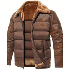 Men's Puffer Jacket Brown Faux Fur Collar – Casual, Holiday Gift