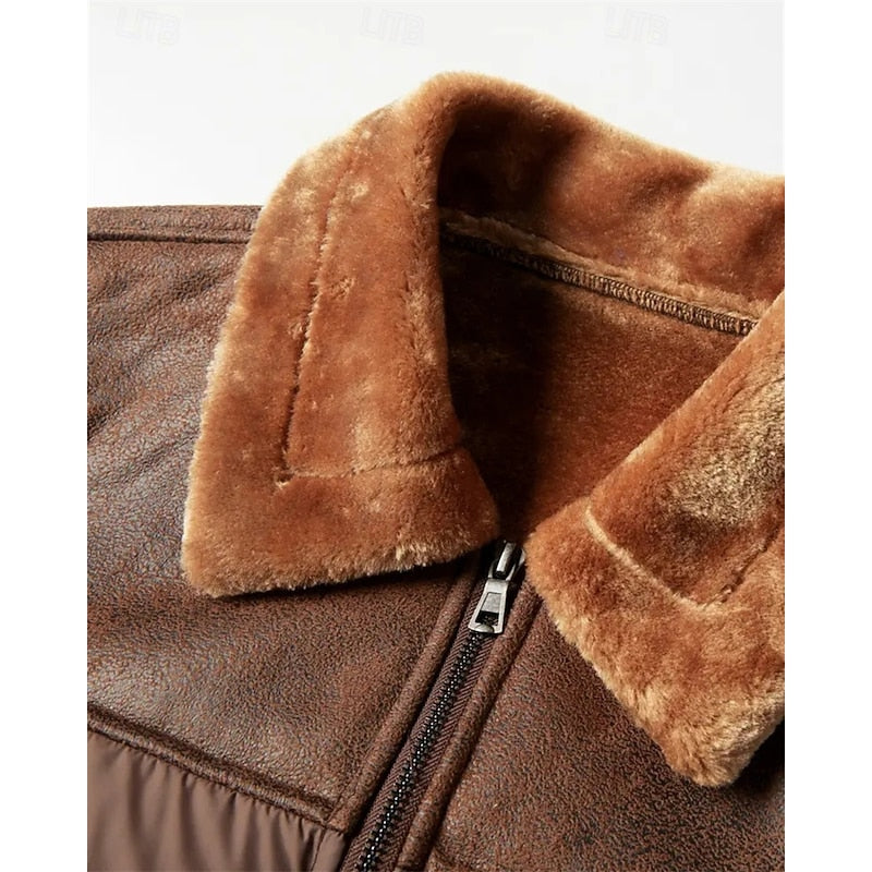 Men's Puffer Jacket Brown Faux Fur Collar – Casual, Holiday Gift
