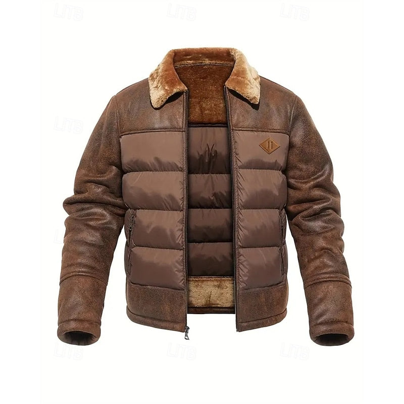 Men's Puffer Jacket Brown Faux Fur Collar – Casual, Holiday Gift