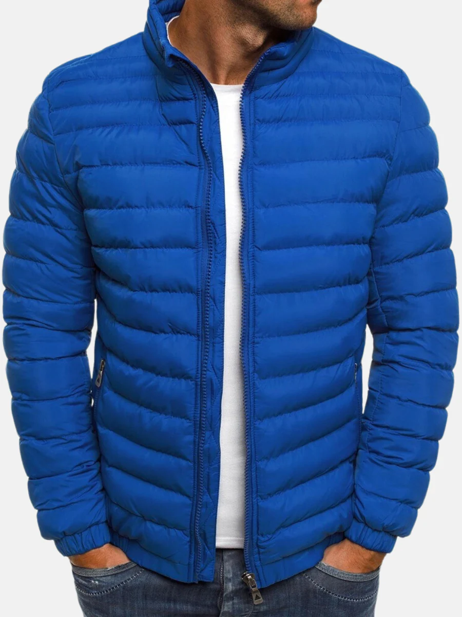 Men's Puffer Jacket Black Full Zip Stand Collar – Casual, Winter Outdoor