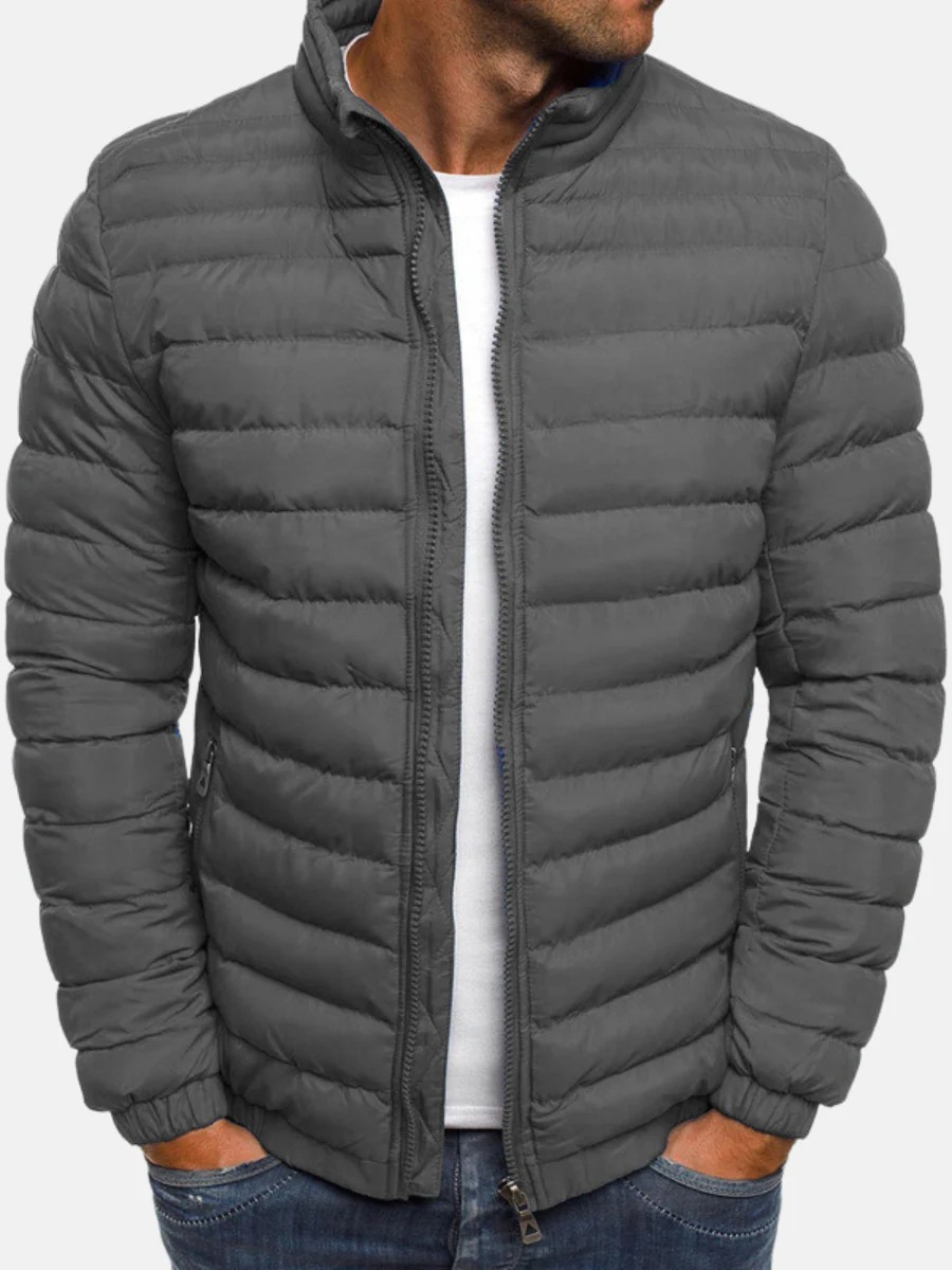 Men's Puffer Jacket Black Full Zip Stand Collar – Casual, Winter Outdoor