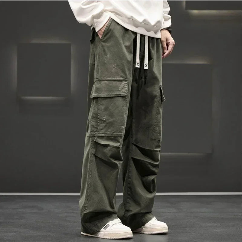 Men's Wide-Leg Cargo Pants with Drawstring Waist – Casual Wear, Outdoor Activities