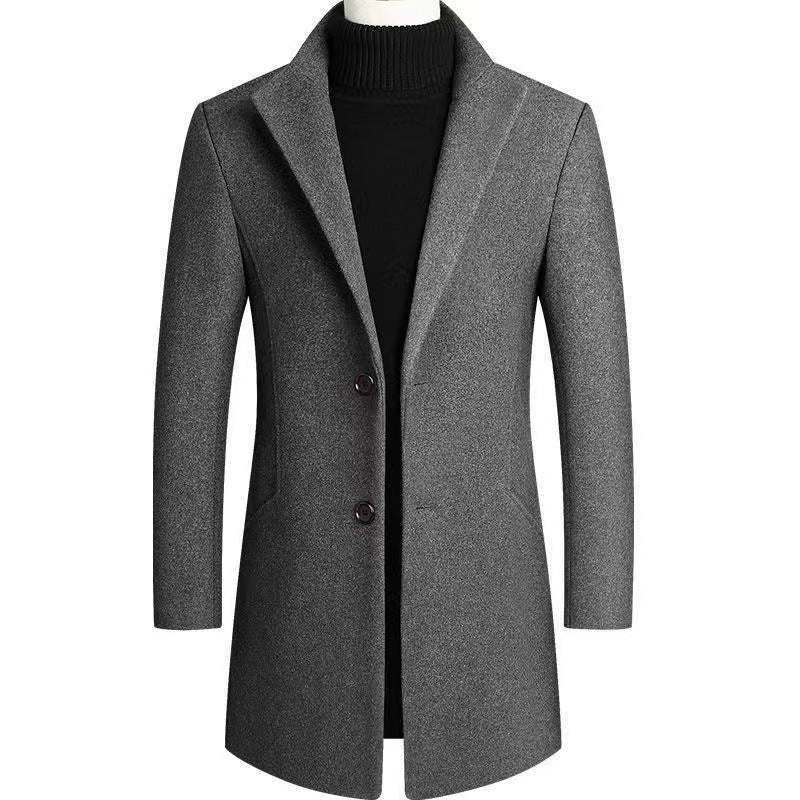 Men's Wool Blend Overcoat Black Two-Button Long Trench Coat – Office, Casual