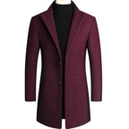 Men's Wool Blend Overcoat Black Two-Button Long Trench Coat – Office, Casual