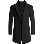 Men's Wool Blend Overcoat Black Two-Button Long Trench Coat – Office, Casual
