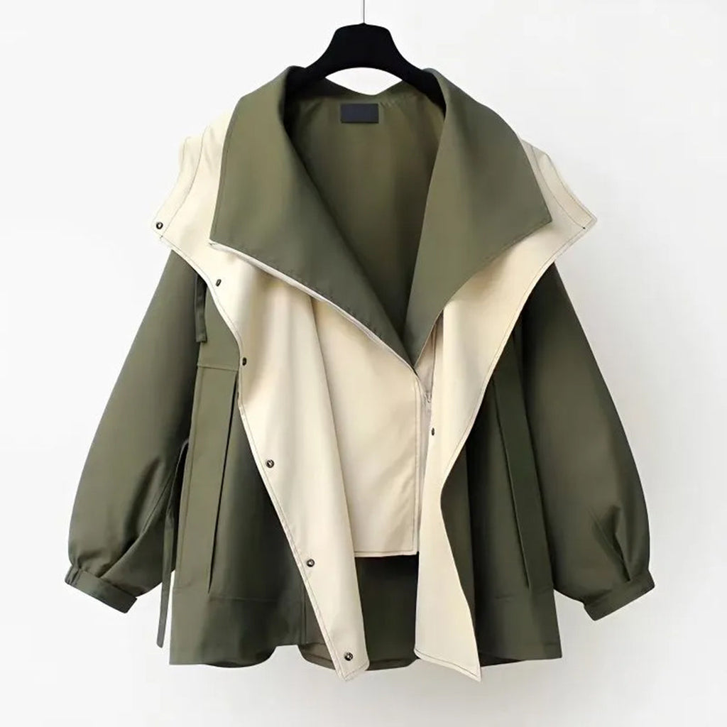 Oversized Shawl Collar Jacket Women's Beige Green Zip-Up – Casual, Office