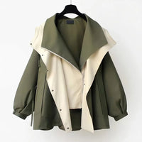 Oversized Shawl Collar Jacket Women's Beige Green Zip-Up – Casual, Office