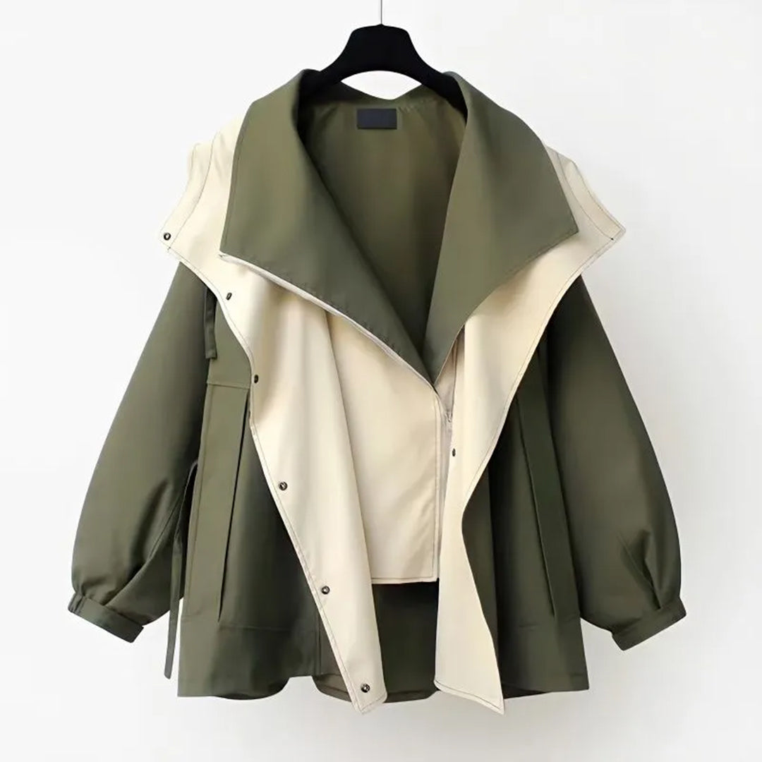 Oversized Shawl Collar Jacket Women's Beige Green Zip-Up – Casual, Office