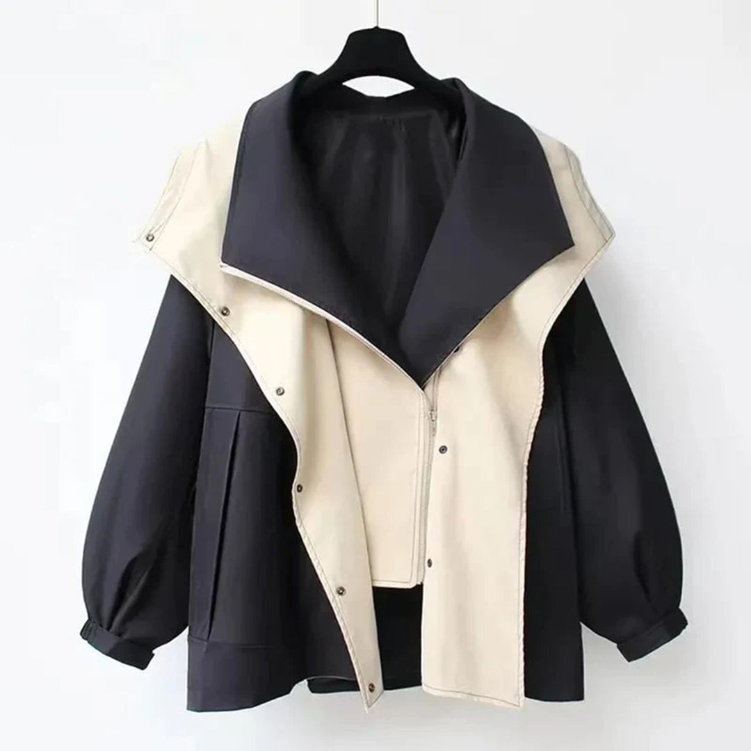 Oversized Shawl Collar Jacket Women's Beige Green Zip-Up – Casual, Office