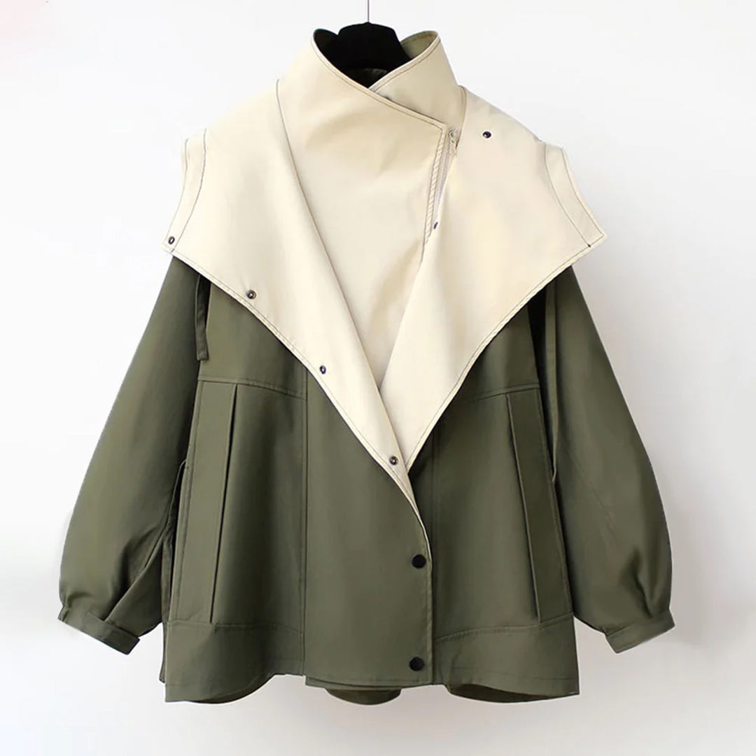 Oversized Shawl Collar Jacket Women's Beige Green Zip-Up – Casual, Office