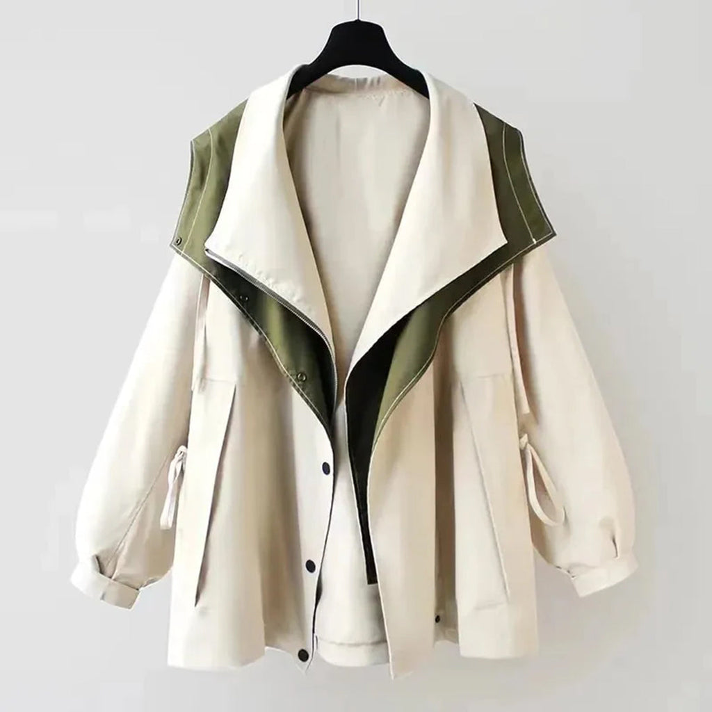 Oversized Shawl Collar Jacket Women's Beige Green Zip-Up – Casual, Office