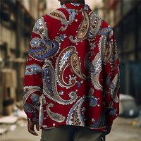 Paisley Print Overshirt Men's Long Sleeve Button-Up Shirt Red – Casual, Office