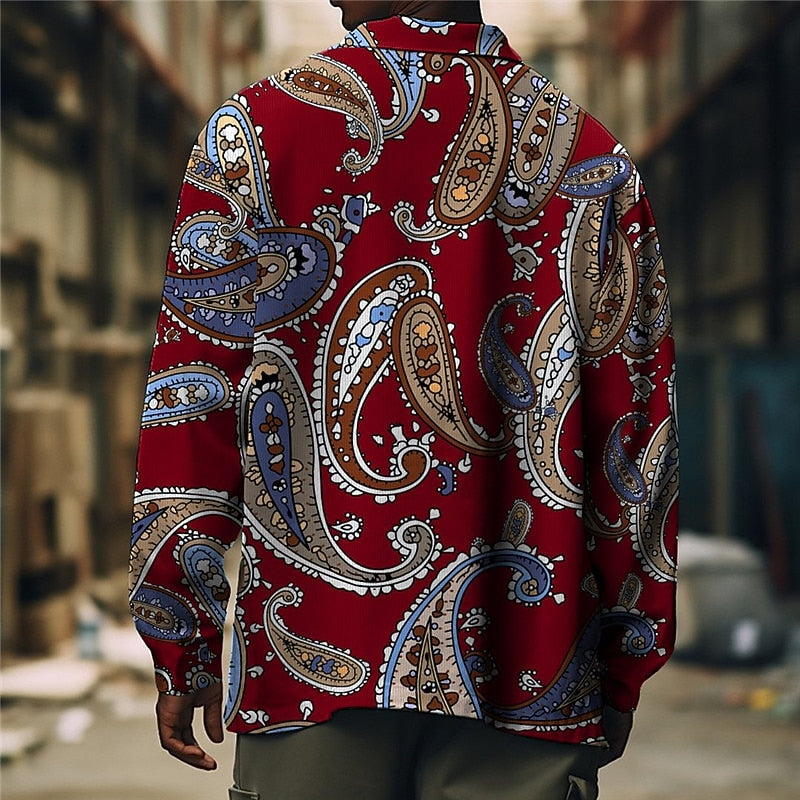 Paisley Print Overshirt Men's Long Sleeve Button-Up Shirt Red – Casual, Office