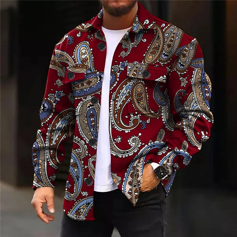 Paisley Print Overshirt Men's Long Sleeve Button-Up Shirt Red – Casual, Office