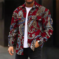 Paisley Print Overshirt Men's Long Sleeve Button-Up Shirt Red – Casual, Office