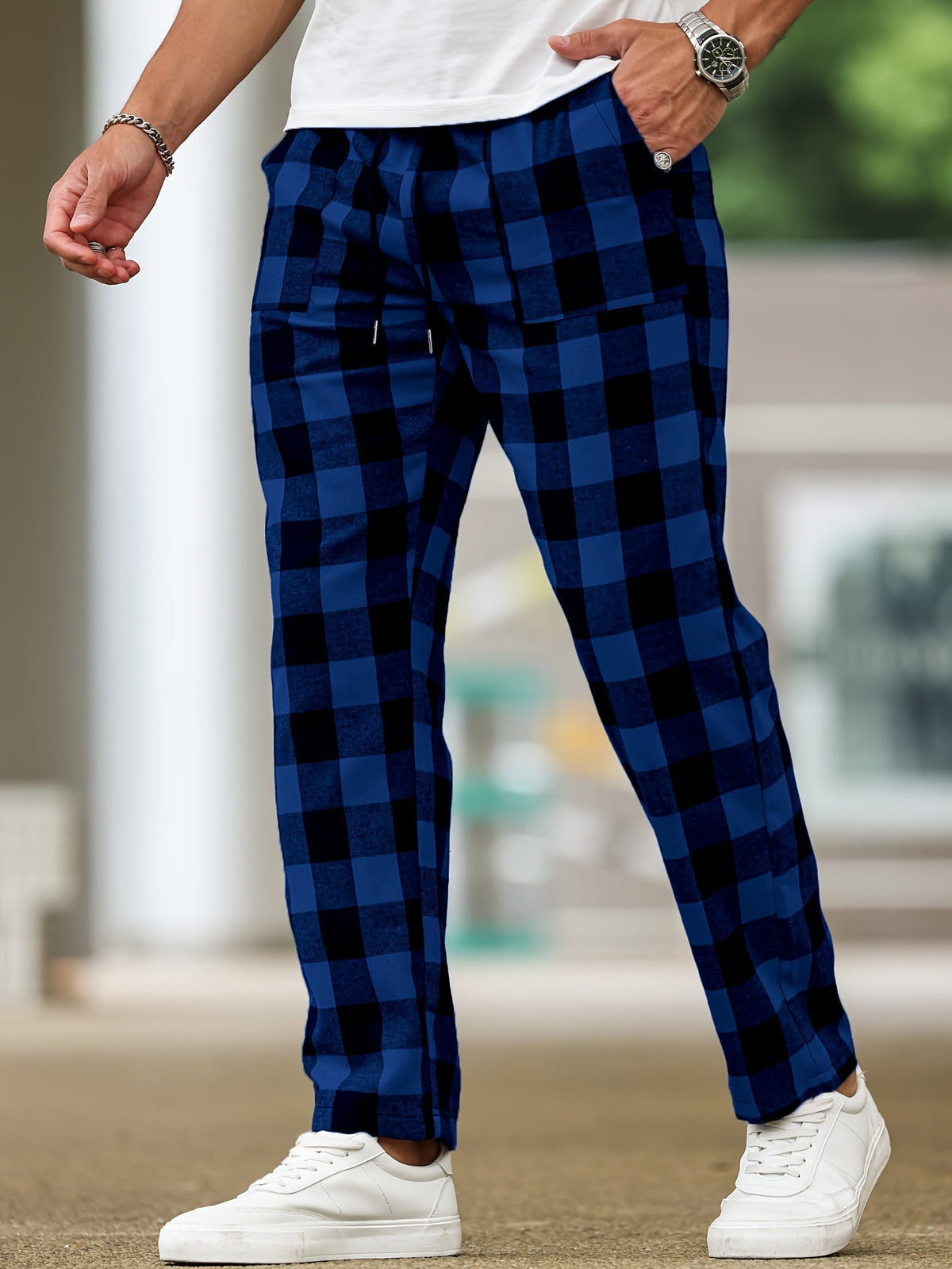 Men's Plaid Lounge Pants Black White Drawstring Relaxed Fit – Casual, Everyday Wear