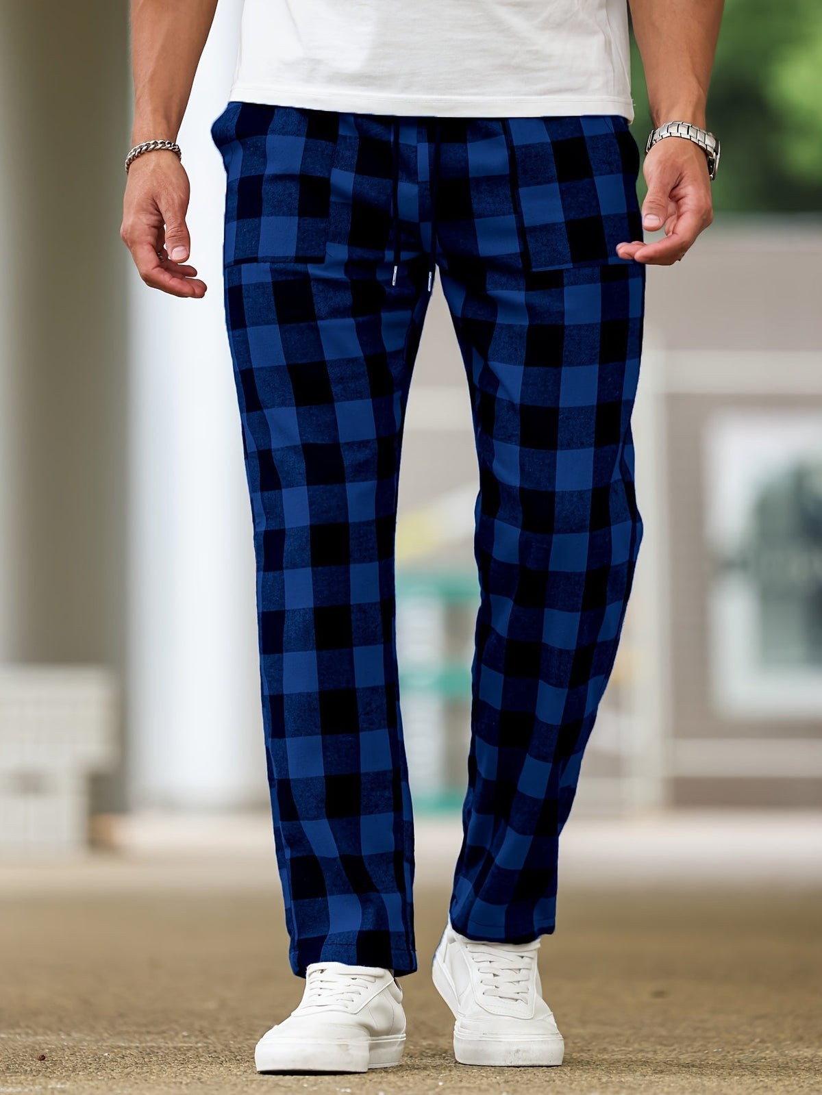 Men's Plaid Lounge Pants Black White Drawstring Relaxed Fit – Casual, Everyday Wear
