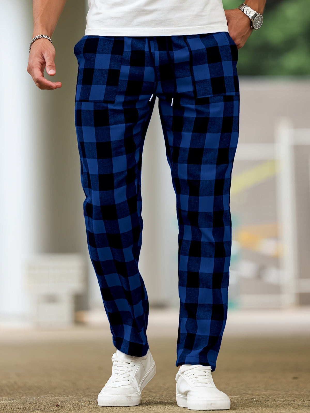 Men's Plaid Lounge Pants Black White Drawstring Relaxed Fit – Casual, Everyday Wear