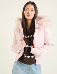 Cropped Brown Puffer Jacket with Faux Fur Hood – Casual Winter Wear, Everyday Style