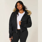 Cropped Brown Puffer Jacket with Faux Fur Hood – Casual Winter Wear, Everyday Style
