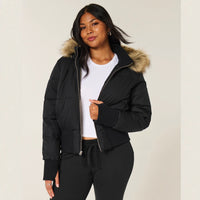 Cropped Brown Puffer Jacket with Faux Fur Hood – Casual Winter Wear, Everyday Style