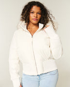 Cropped Brown Puffer Jacket with Faux Fur Hood – Casual Winter Wear, Everyday Style