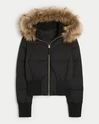 Cropped Brown Puffer Jacket with Faux Fur Hood – Casual Winter Wear, Everyday Style