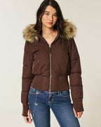 Cropped Brown Puffer Jacket with Faux Fur Hood – Casual Winter Wear, Everyday Style