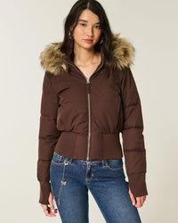 Cropped Brown Puffer Jacket with Faux Fur Hood – Casual Winter Wear, Everyday Style