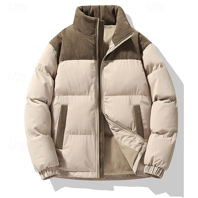 Puffer Jacket Men's Insulated Corduroy Trim Zip-Up Coat – Casual, Winter Warmth