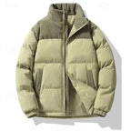 Puffer Jacket Men's Insulated Corduroy Trim Zip-Up Coat – Casual, Winter Warmth