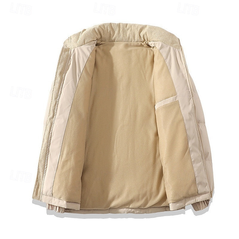 Puffer Jacket Men's Insulated Corduroy Trim Zip-Up Coat – Casual, Winter Warmth