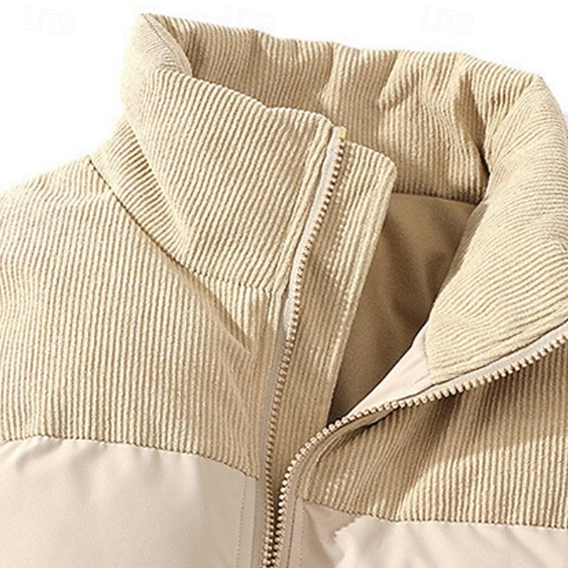 Puffer Jacket Men's Insulated Corduroy Trim Zip-Up Coat – Casual, Winter Warmth