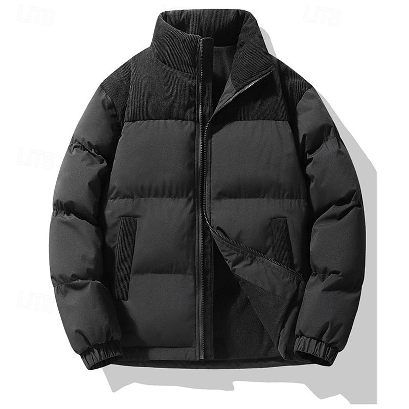 Puffer Jacket Men's Insulated Corduroy Trim Zip-Up Coat – Casual, Winter Warmth