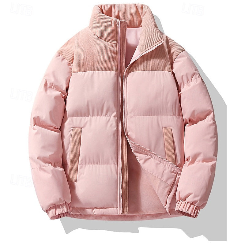 Puffer Jacket Men's Insulated Corduroy Trim Zip-Up Coat – Casual, Winter Warmth