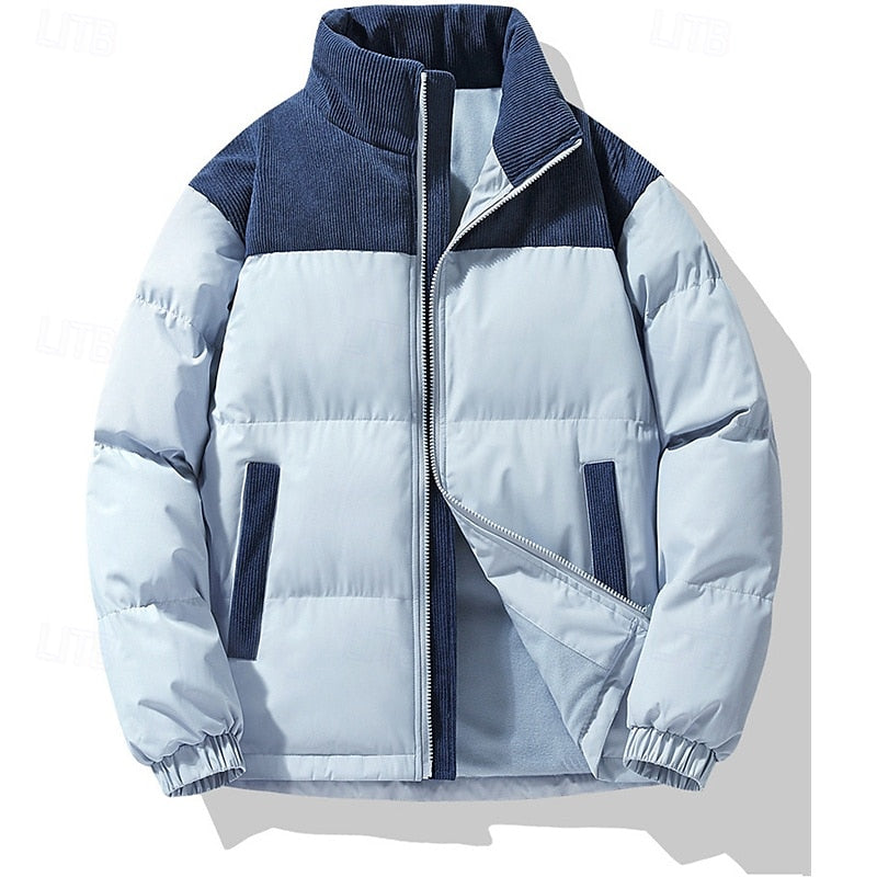 Puffer Jacket Men's Insulated Corduroy Trim Zip-Up Coat – Casual, Winter Warmth