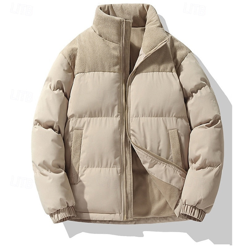 Puffer Jacket Men's Insulated Corduroy Trim Zip-Up Coat – Casual, Winter Warmth