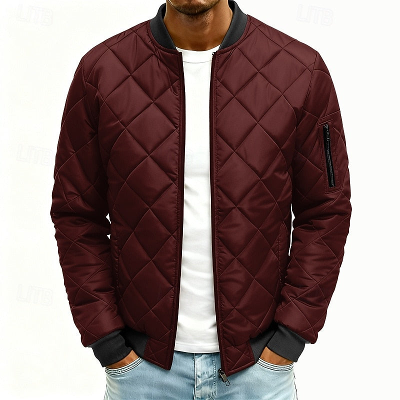 Quilted Bomber Jacket Men's Green Padded Zip-Up Coat – Casual, Winter Outdoor