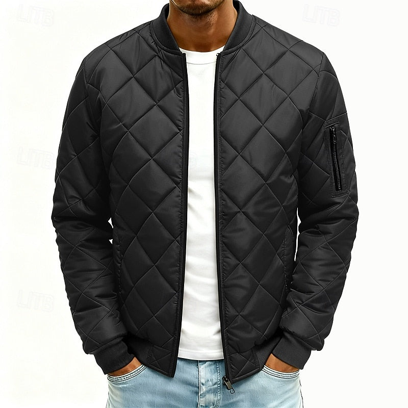 Quilted Bomber Jacket Men's Green Padded Zip-Up Coat – Casual, Winter Outdoor