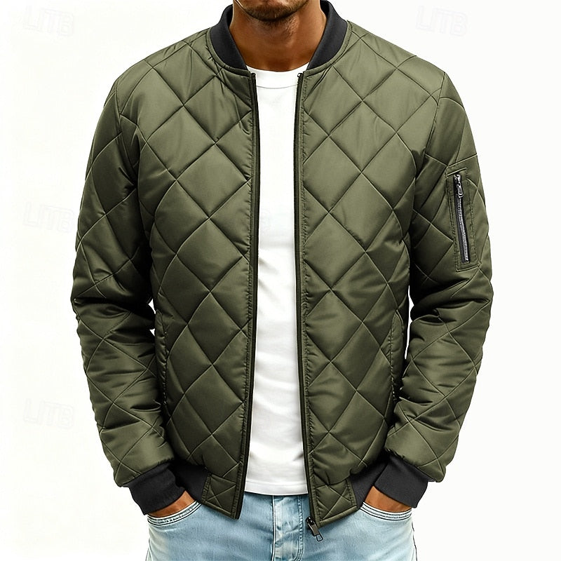 Quilted Bomber Jacket Men's Green Padded Zip-Up Coat – Casual, Winter Outdoor