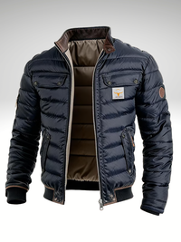 Navy Quilted Bomber Jacket Men's Stand Collar Zip-Up – Casual, Winter, Gift