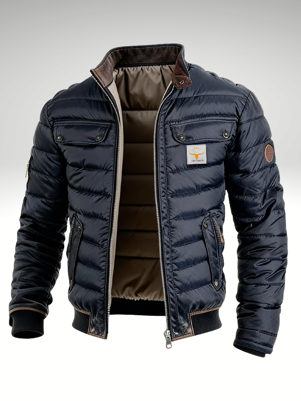 Navy Quilted Bomber Jacket Men's Stand Collar Zip-Up – Casual, Winter, Gift