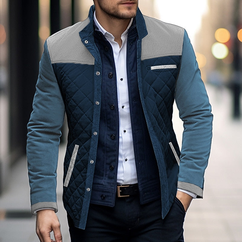 Quilted Jacket Men's Color Block Stand Collar – Casual, Office Wear